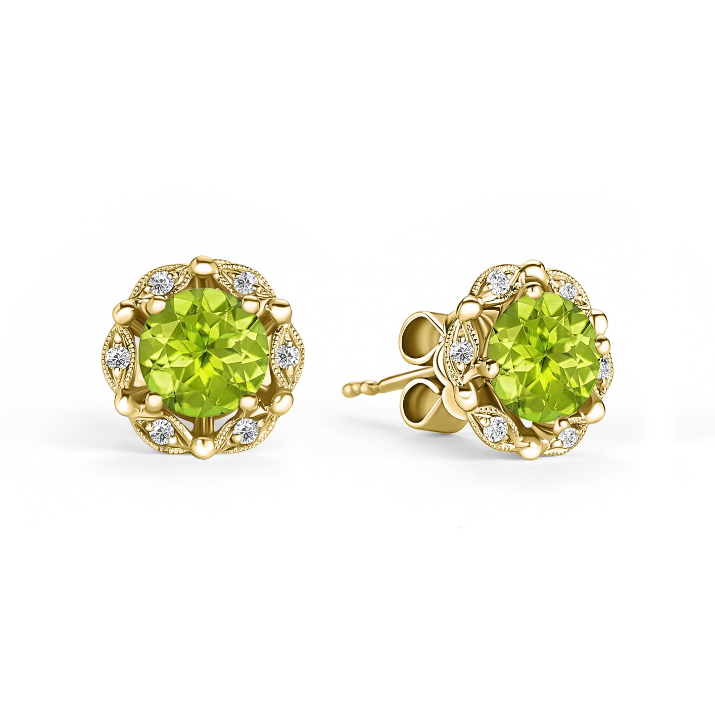 Delicate Floral Peridot Diamond Stud Earrings