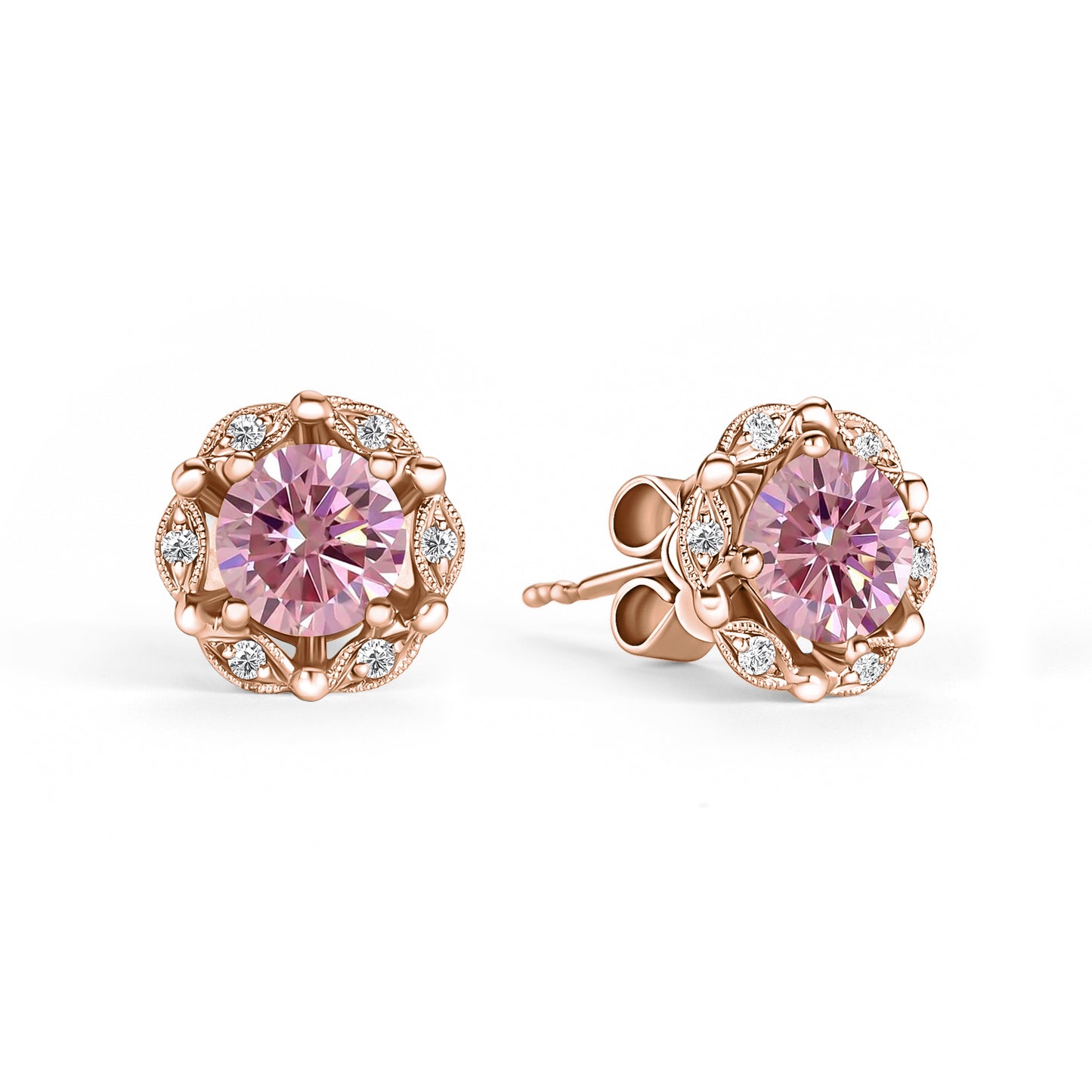 Delicate Floral Pink Moissanite Diamond Stud Earrings