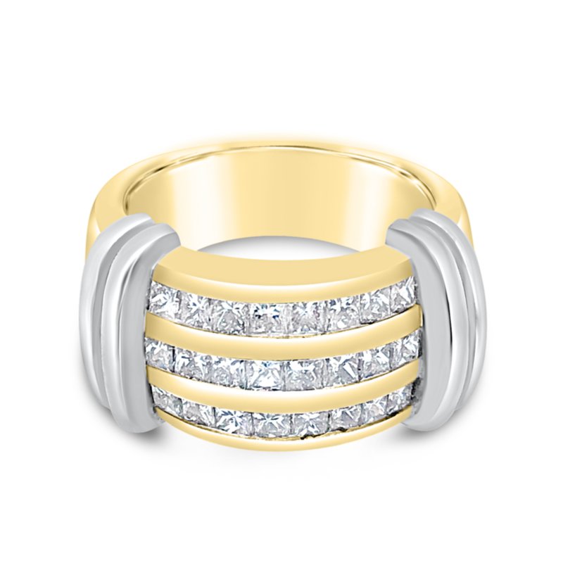 18K Yellow Gold Two Tone Princess Diamond Wide Fashion Band