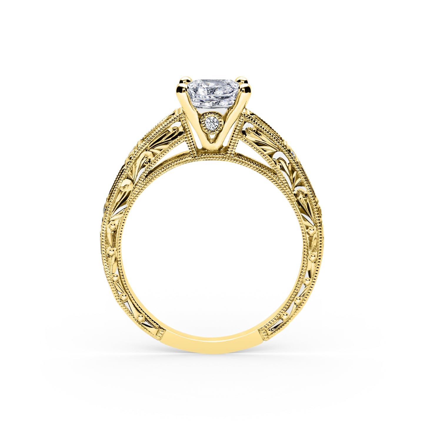 Blue Sapphire Baguette Engraved Cathedral Diamond Engagement Ring
