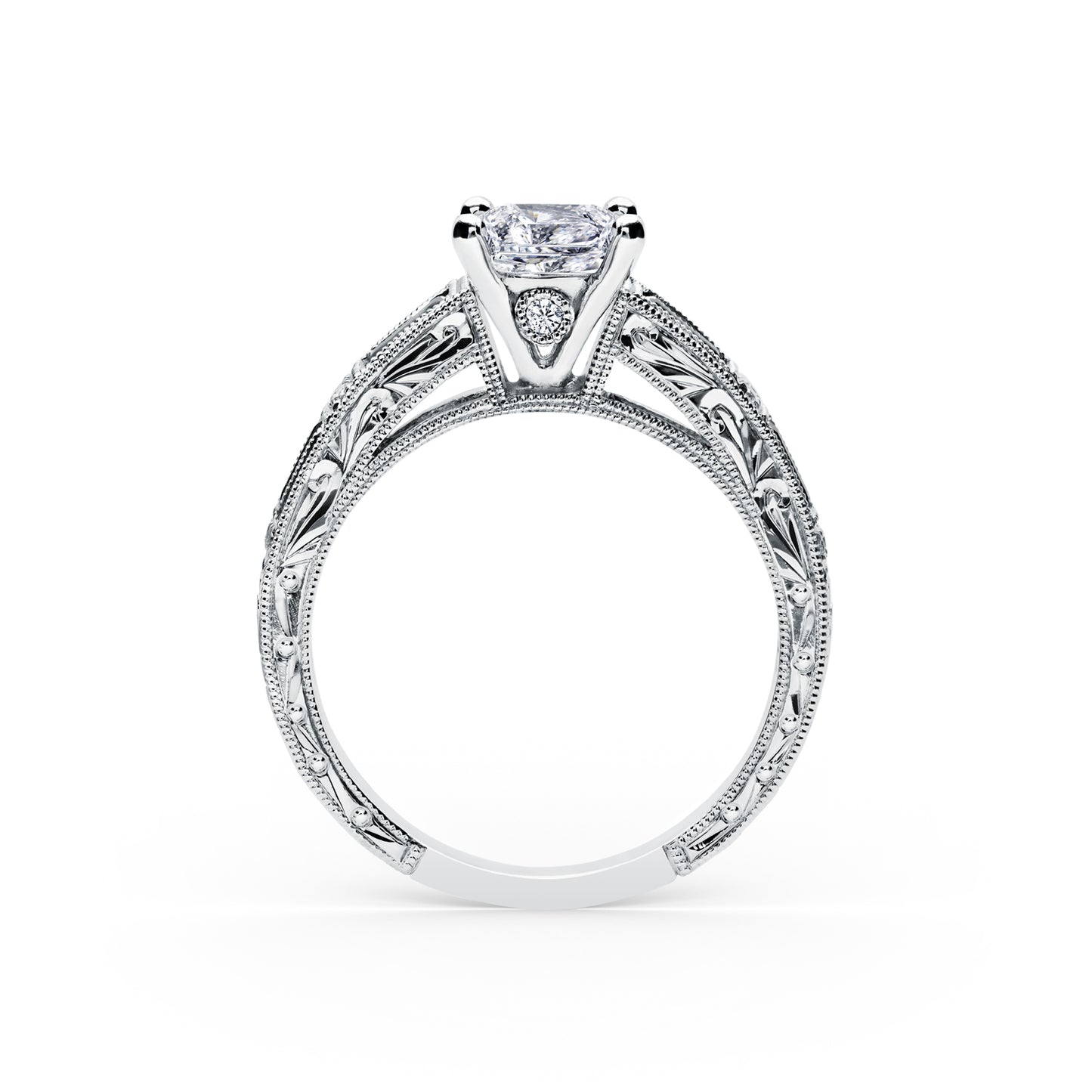 Blue Sapphire Baguette Engraved Cathedral Diamond Engagement Ring