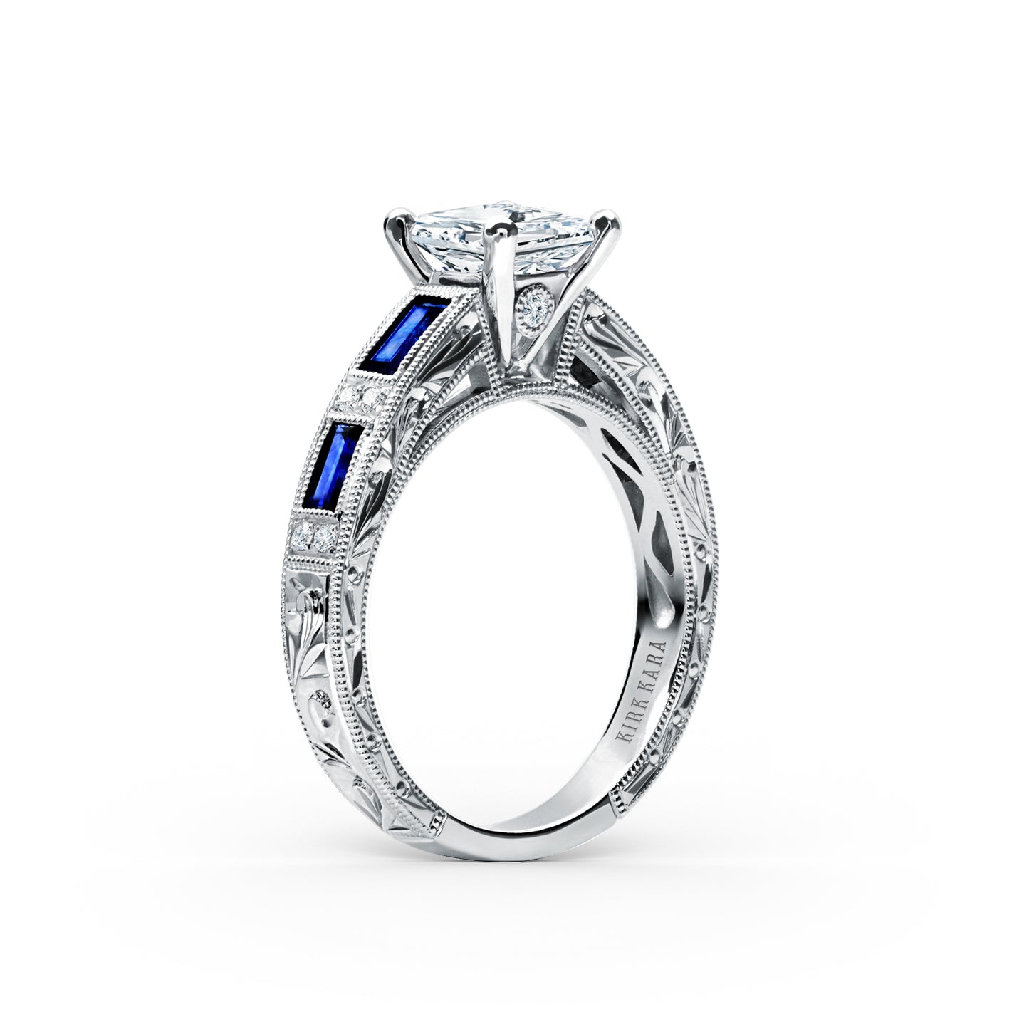 Blue Sapphire Baguette Engraved Cathedral Diamond Engagement Ring