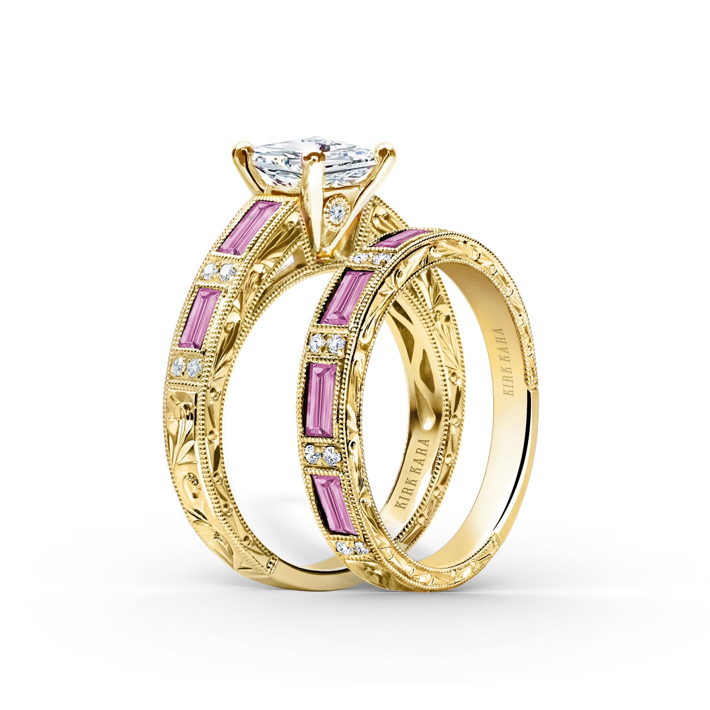 Pink Sapphire Baguette Engraved Cathedral Diamond Engagement Ring
