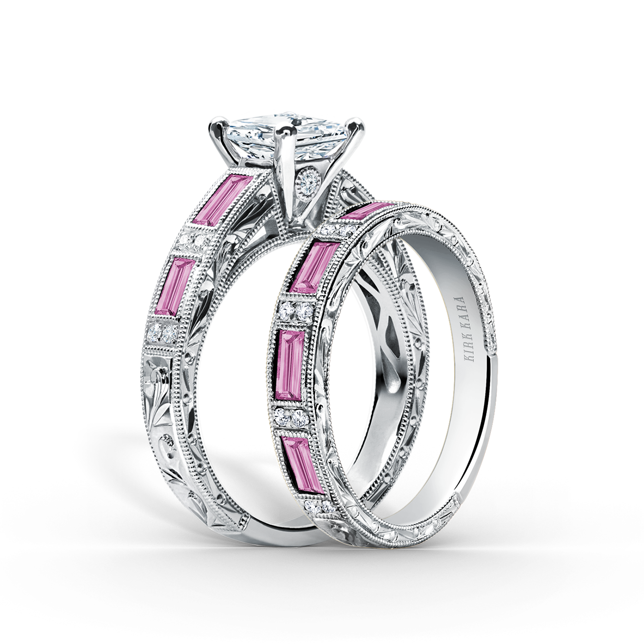 Pink Sapphire Baguette Engraved Cathedral Diamond Engagement Ring