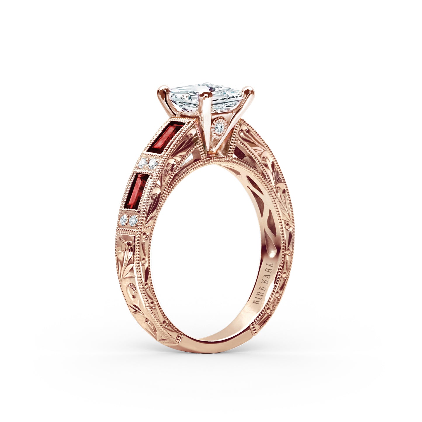 Ruby Baguette Engraved Cathedral Diamond Engagement Ring
