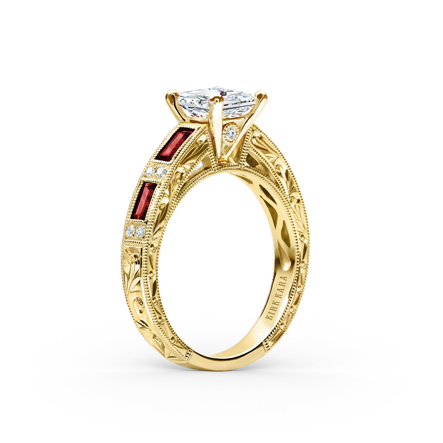 Ruby Baguette Engraved Cathedral Diamond Engagement Ring