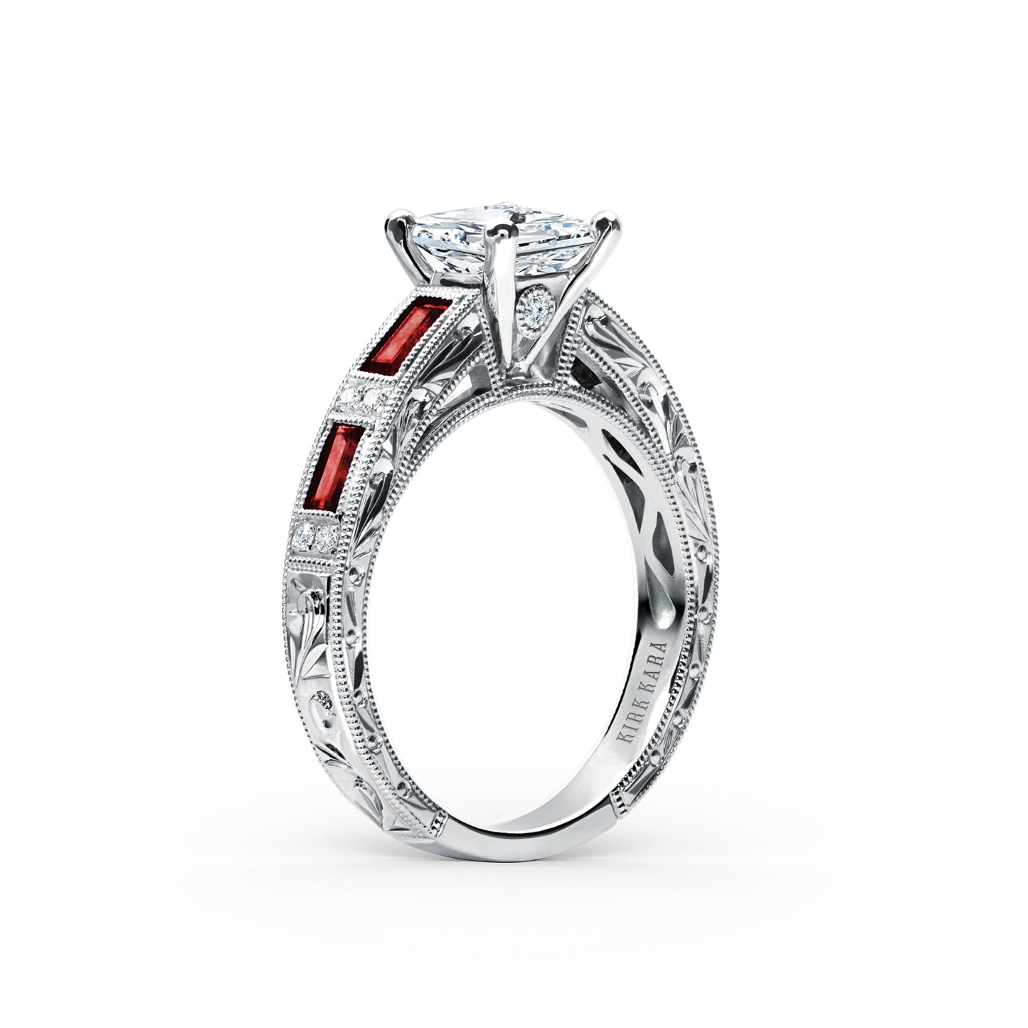 Ruby Baguette Engraved Cathedral Diamond Engagement Ring