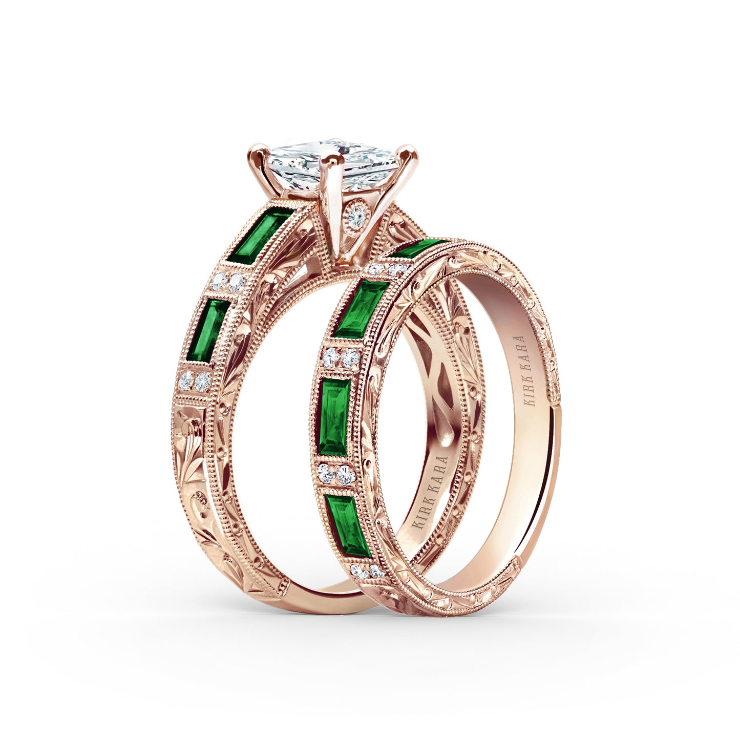 Tsavorite Baguette Engraved Cathedral Diamond Engagement Ring