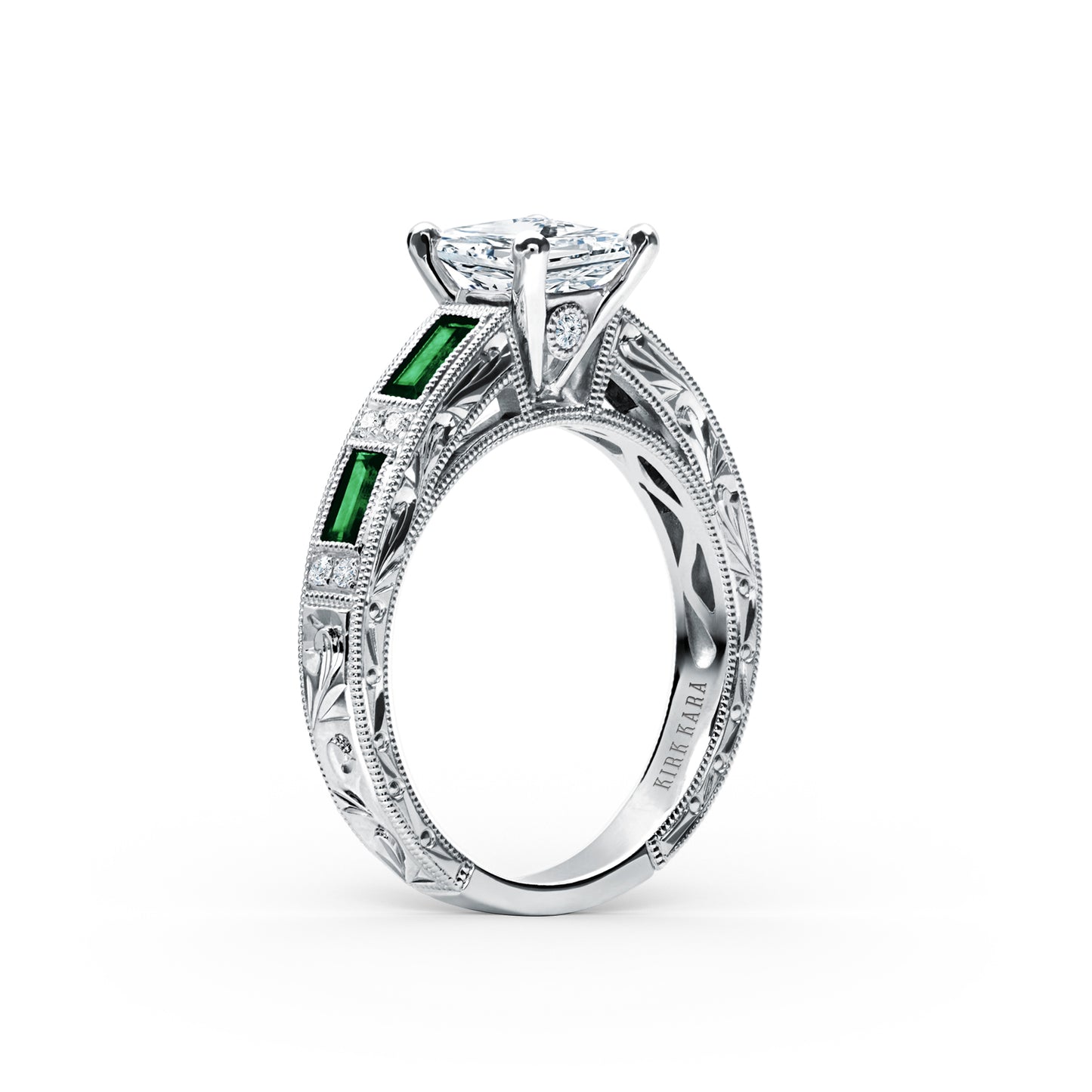 Tsavorite Baguette Engraved Cathedral Diamond Engagement Ring