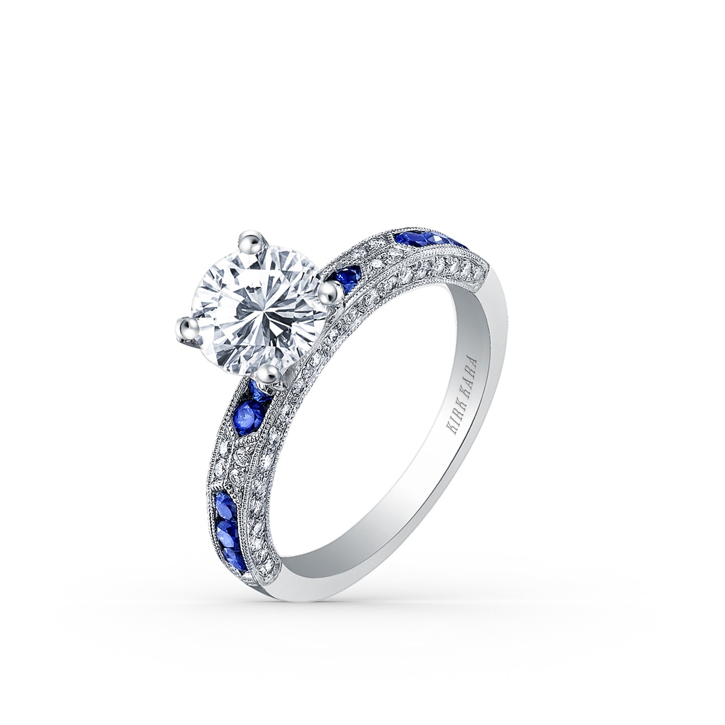 Blue Sapphire Channel Milgrain Diamond Engagement Ring