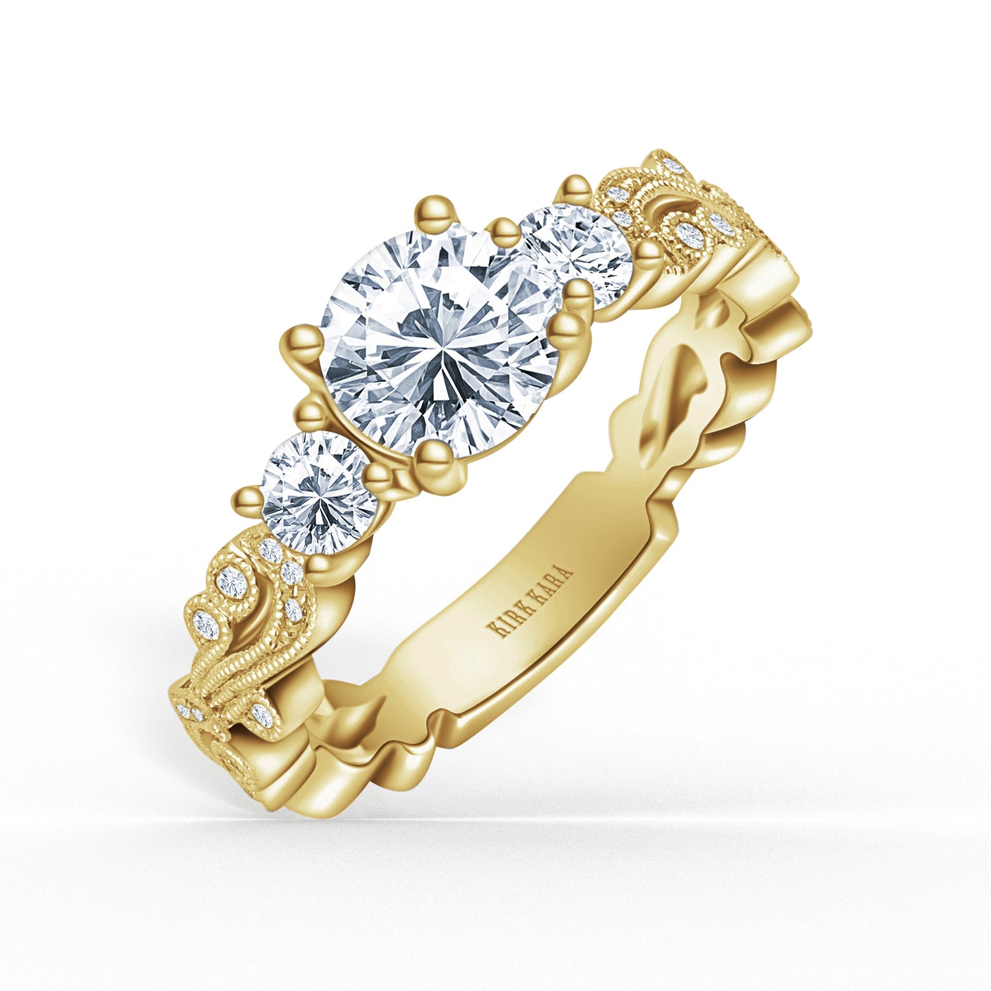 Swirl Milgrain Thin Three Stone Diamond Engagement Ring