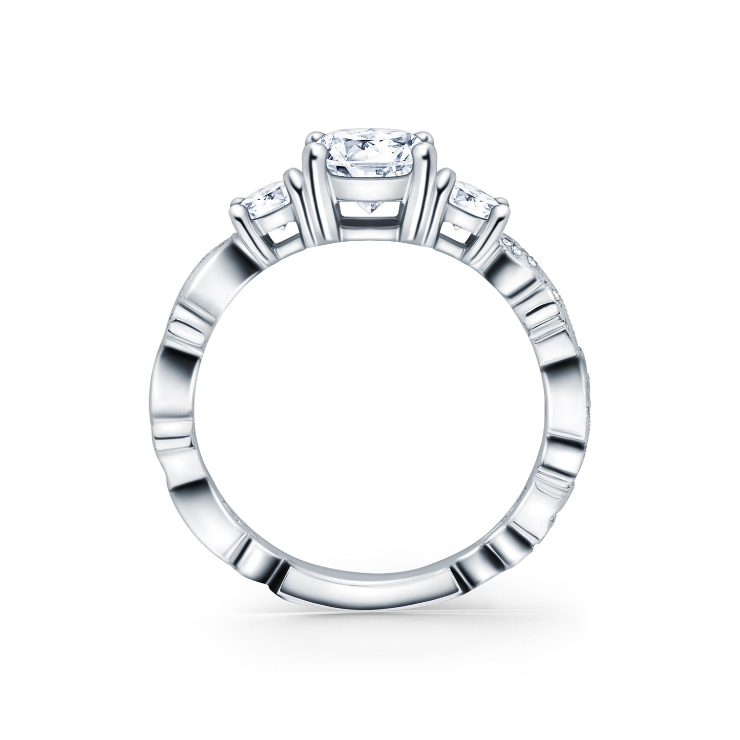 Swirl Milgrain Thin Three Stone Diamond Engagement Ring