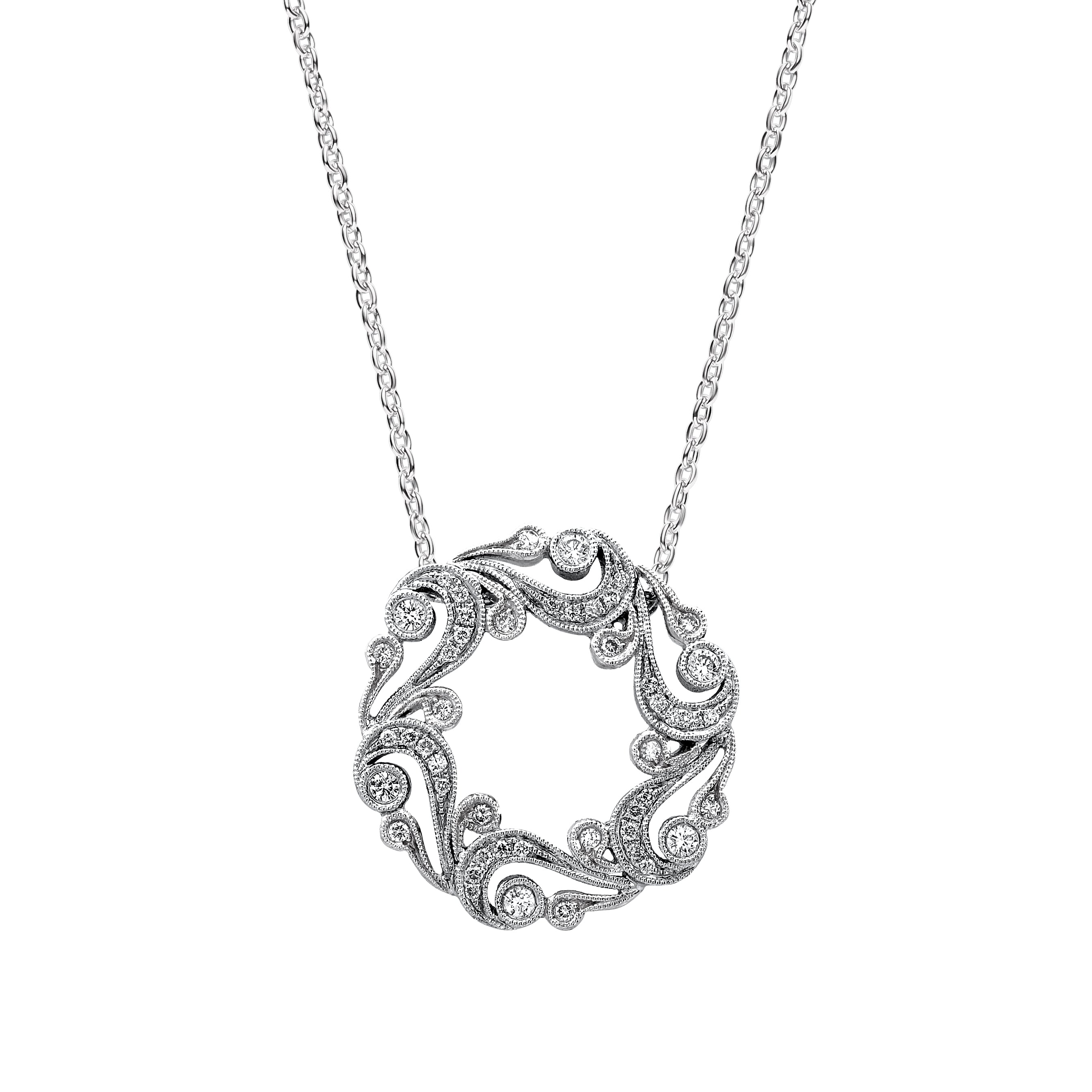 Artistic Swirl Milgrain Diamond Circle Necklace
