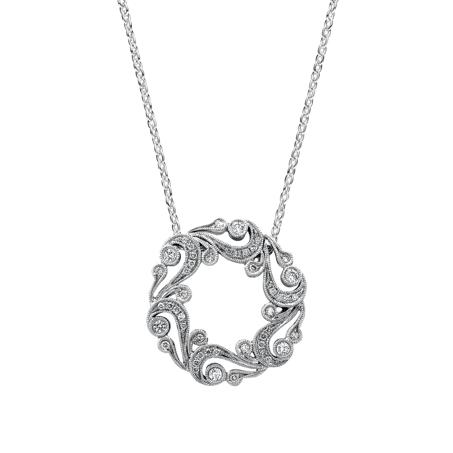 Artistic Swirl Milgrain Diamond Circle Necklace
