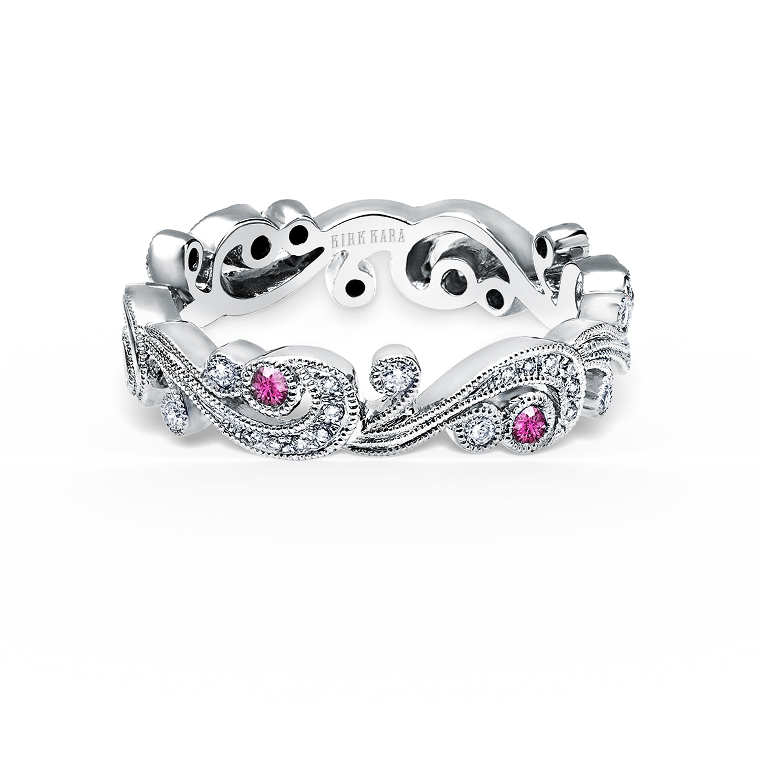 Whimsical Swirl Milgrain Pink Sapphire Diamond Wedding Band