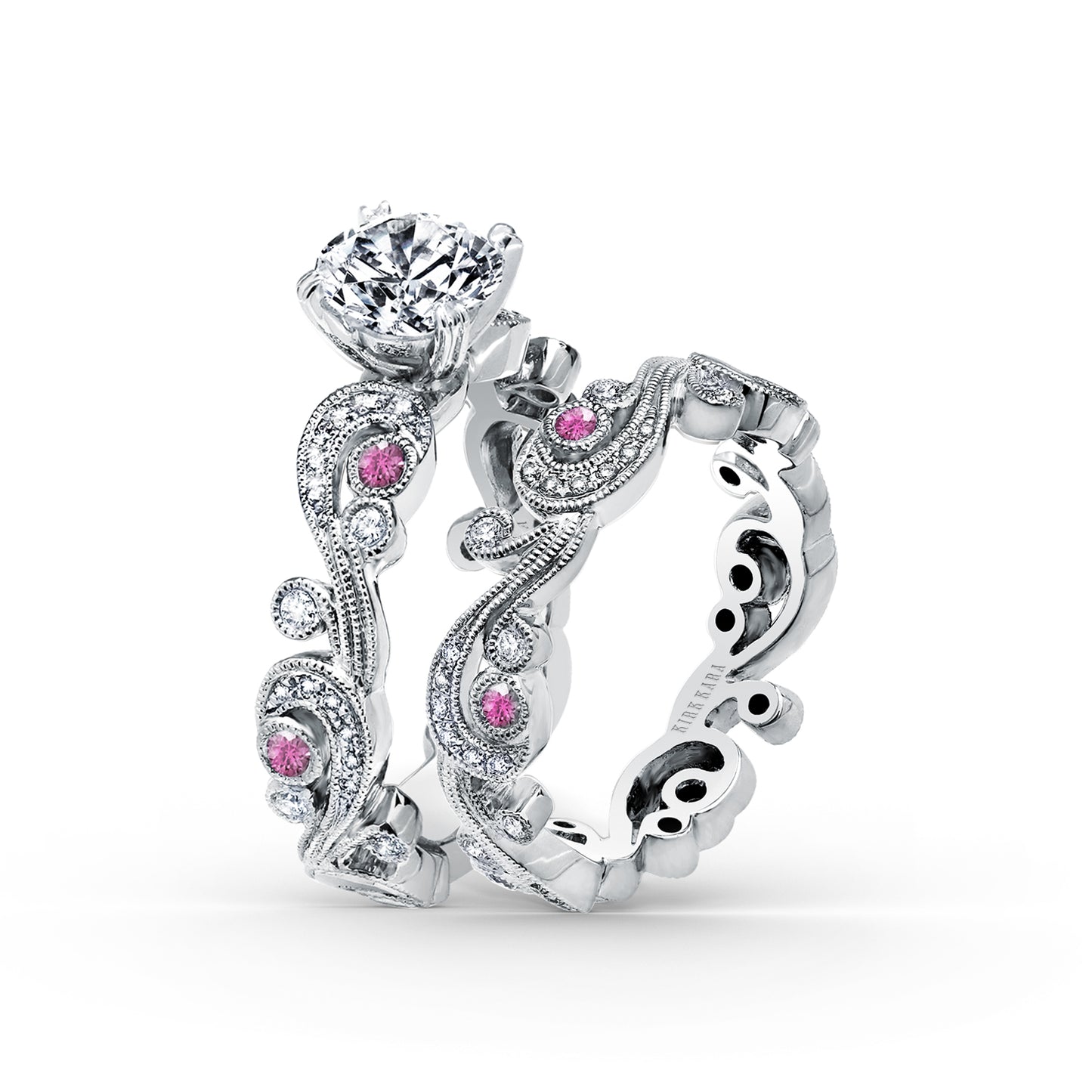 Whimsical Swirl Milgrain Pink Sapphire Diamond Engagement Ring
