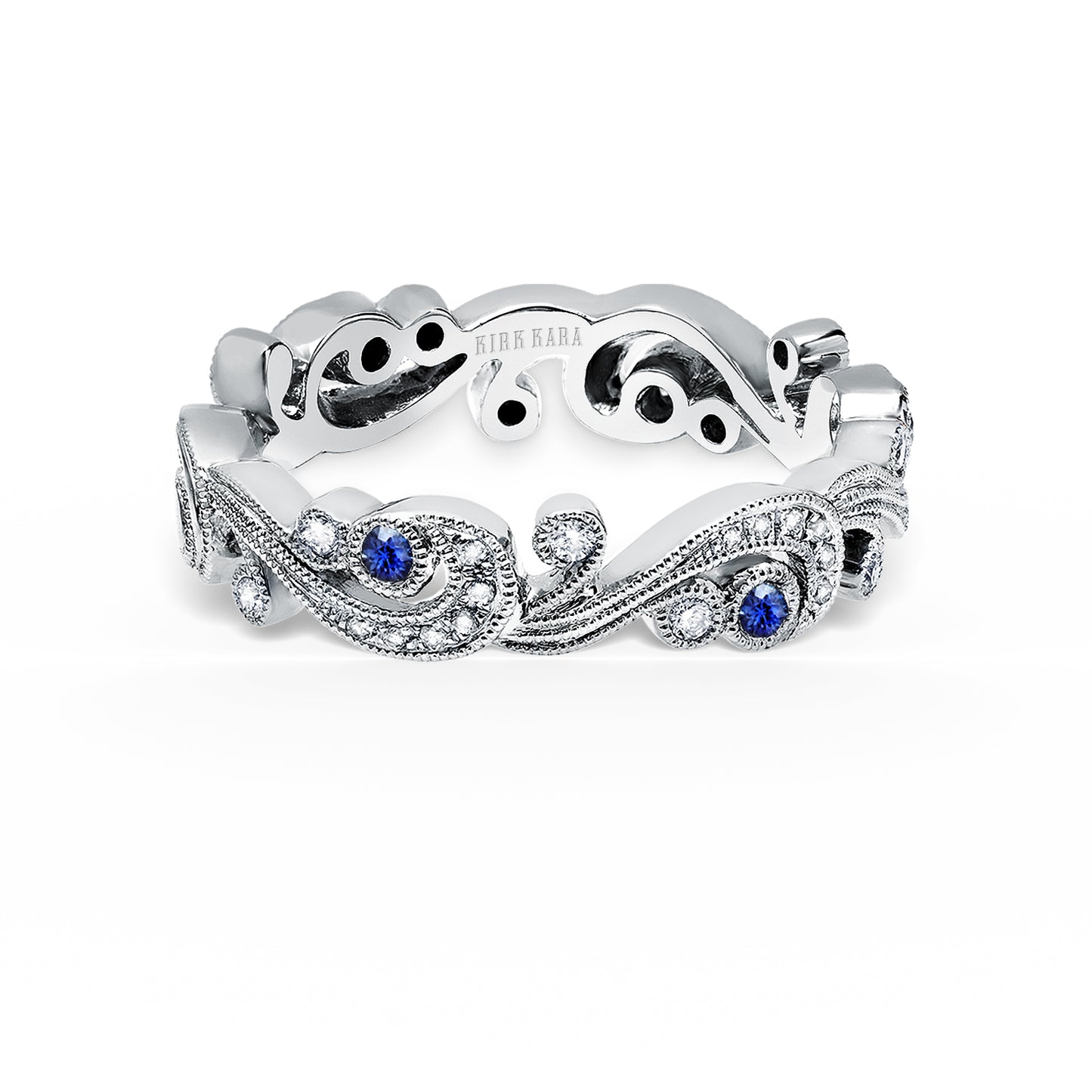 Whimsical Swirl Milgrain Blue Sapphire Diamond Wedding Band