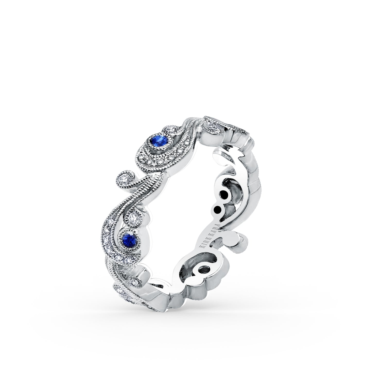 Whimsical Swirl Milgrain Blue Sapphire Diamond Wedding Band