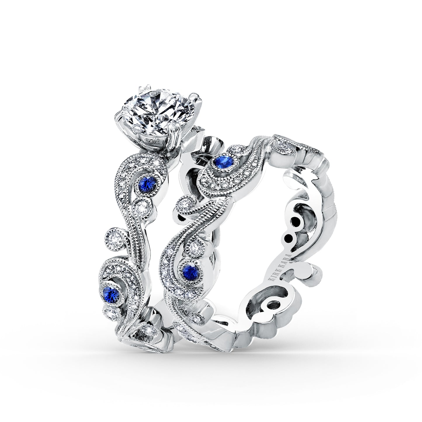 Whimsical Swirl Milgrain Blue Sapphire Diamond Wedding Band