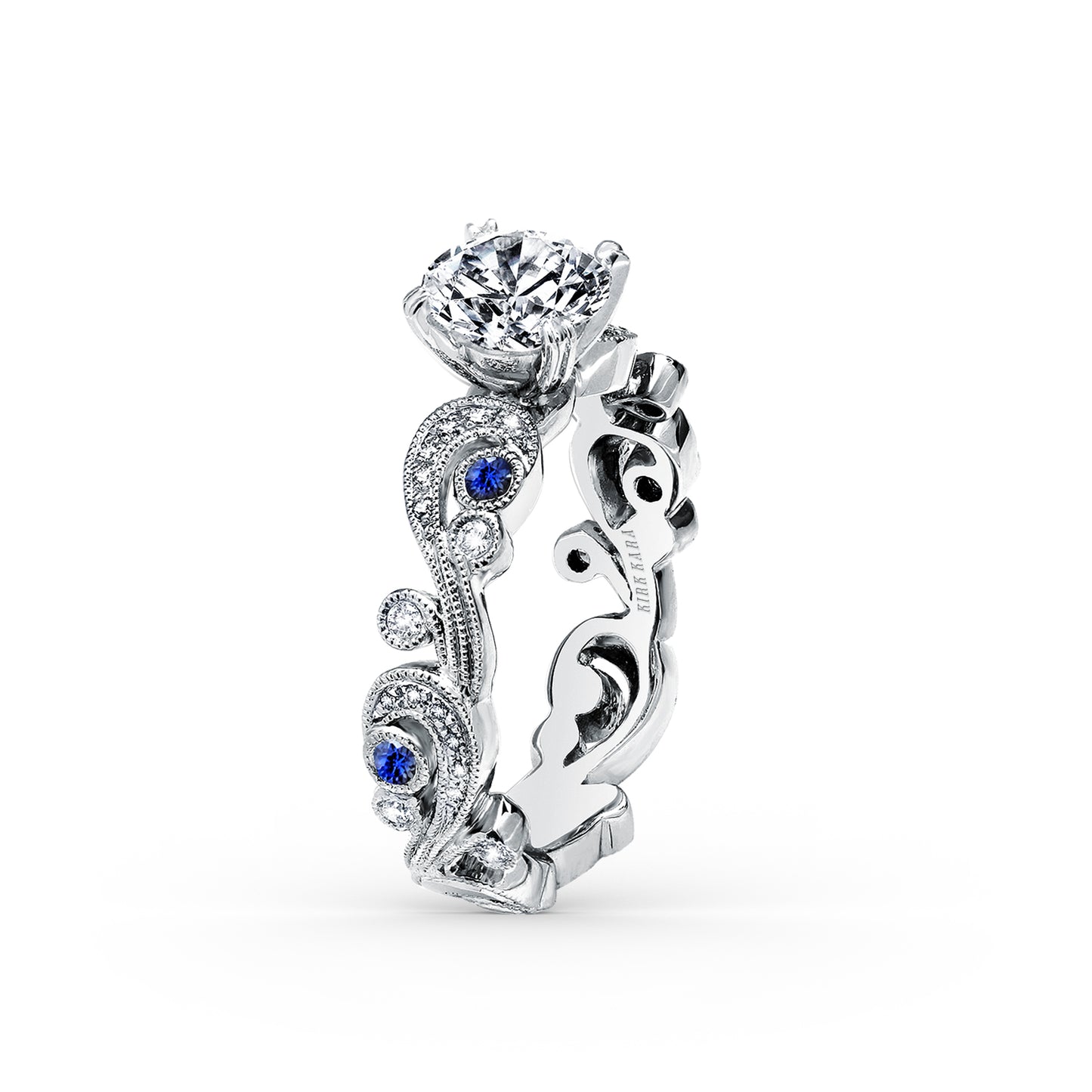 Whimsical Swirl Milgrain Blue Sapphire Diamond Engagement Ring