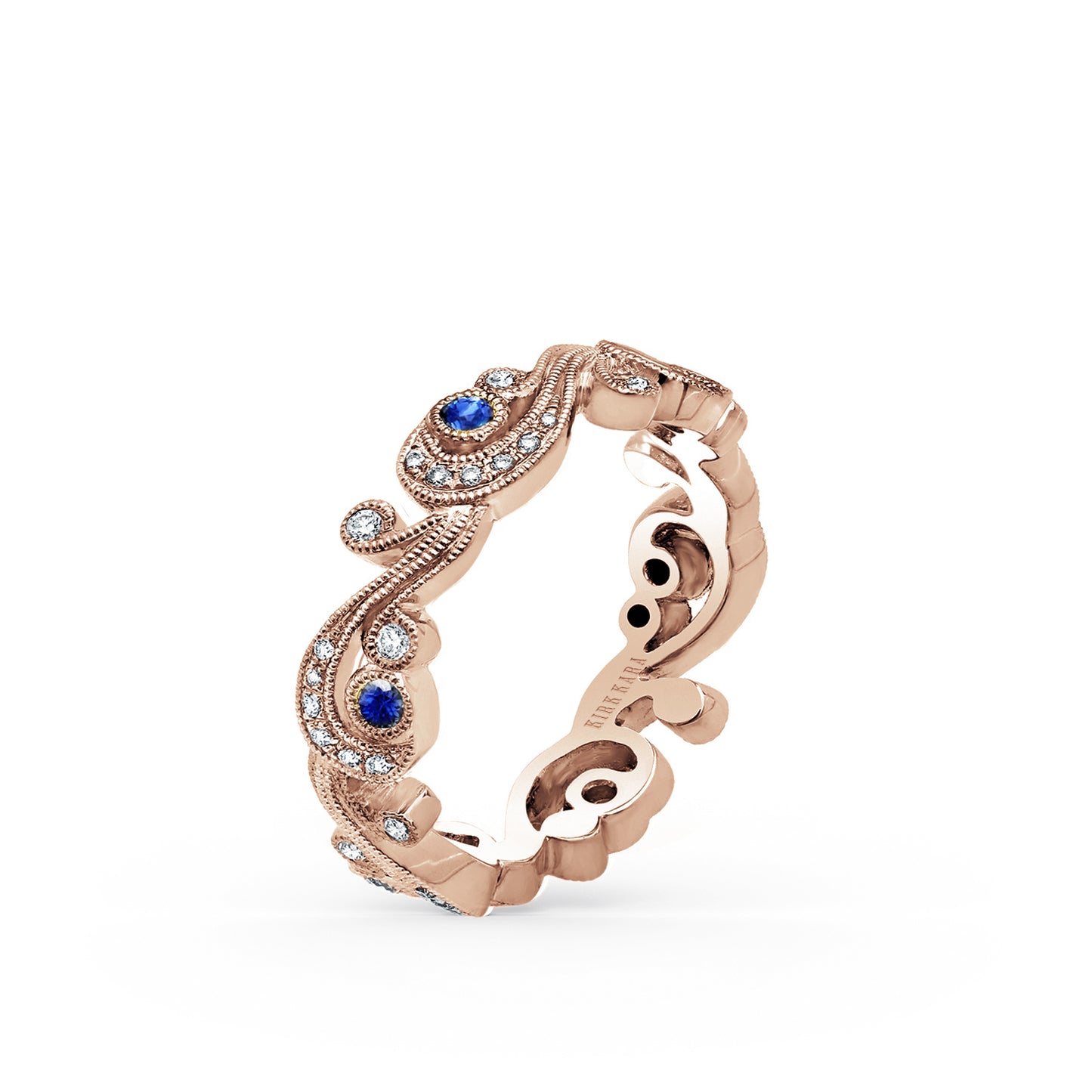 Whimsical Swirl Milgrain Blue Sapphire Diamond Wedding Band