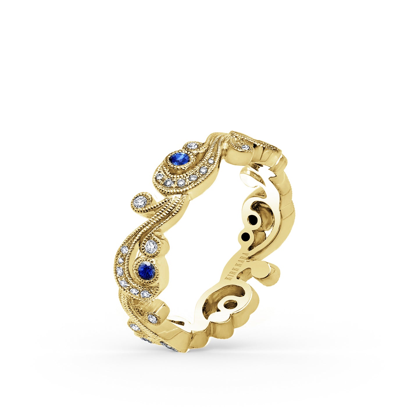 Whimsical Swirl Milgrain Blue Sapphire Diamond Wedding Band