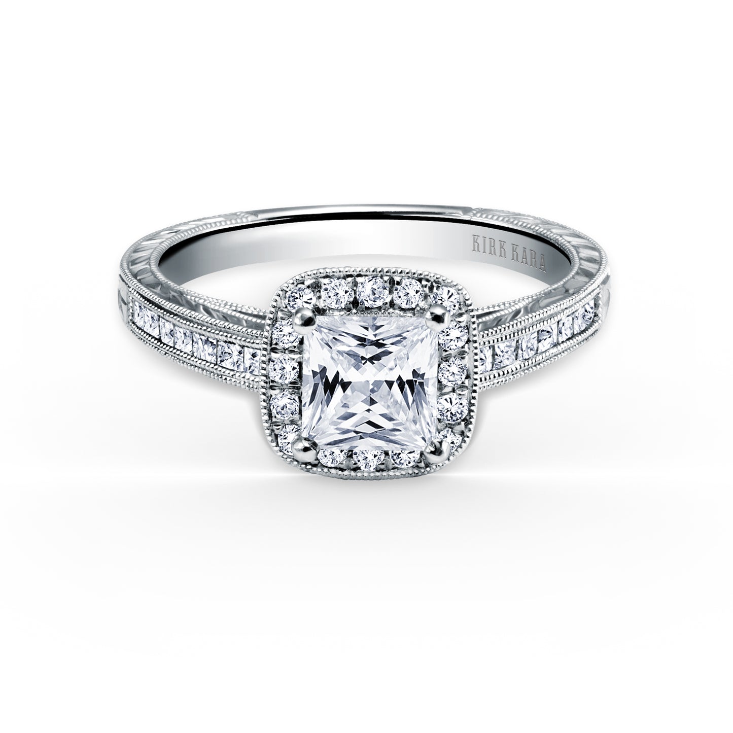Channel Engraved Classic Diamond Halo Engagement Ring