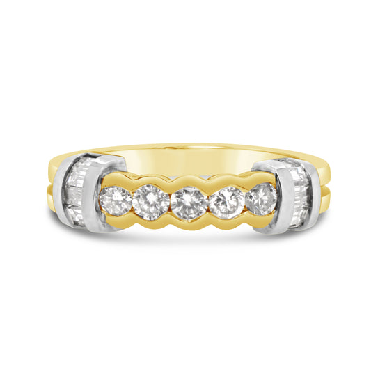 18K Two Tone Gold Vintage Round Baguette Diamond Band