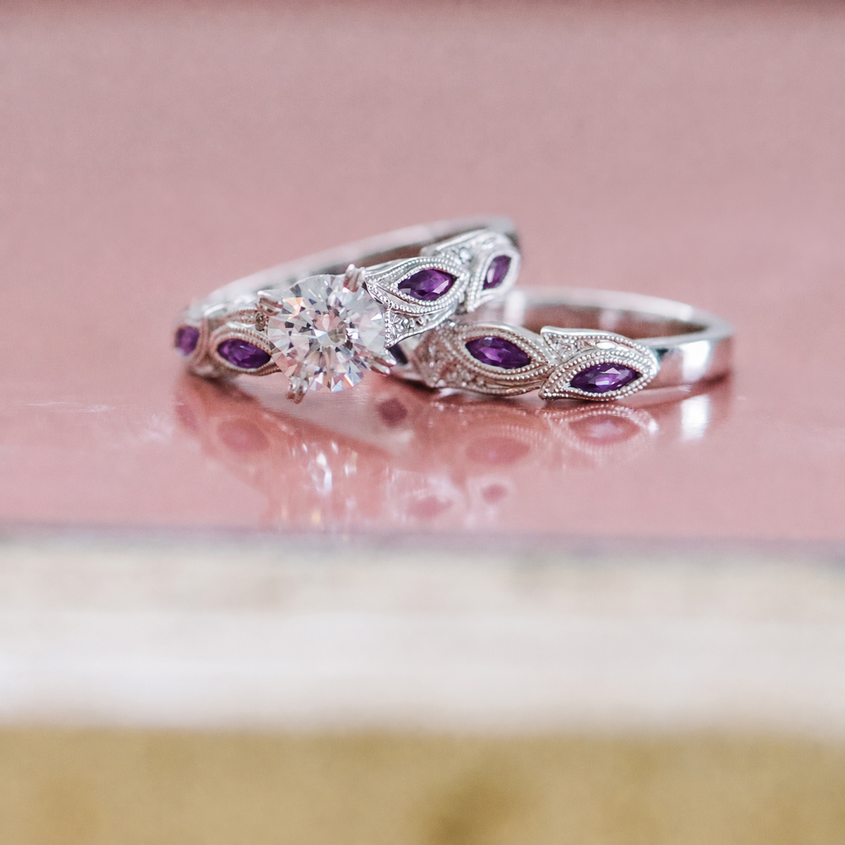 Botanical Floral Amethyst Marquise Diamond Engagement Ring