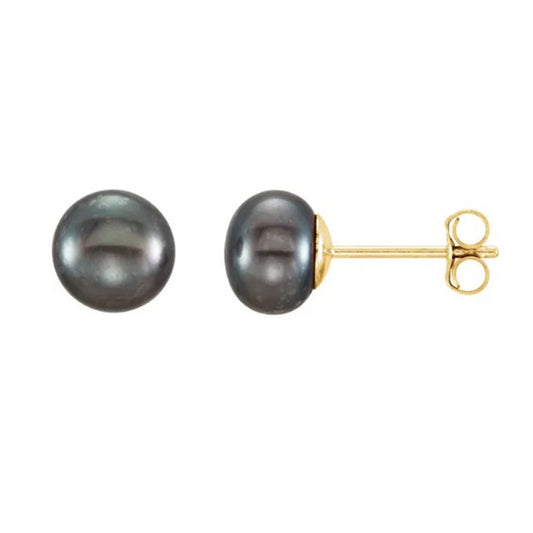 14K Yellow Gold 6-7mm Cultured Black Freshwater Button Pearl Earrings