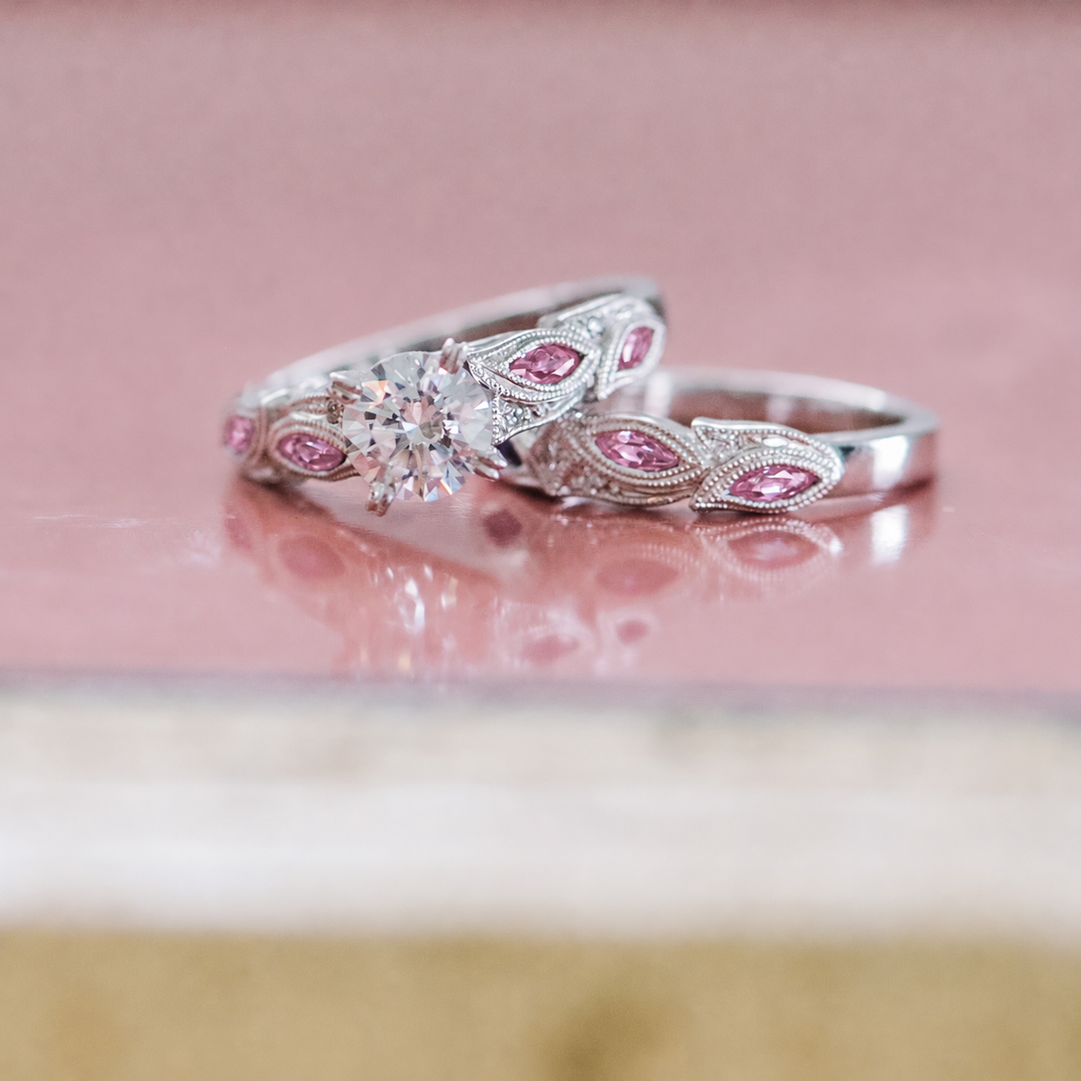 Botanical Floral Pink Sapphire Marquise Diamond Engagement Ring