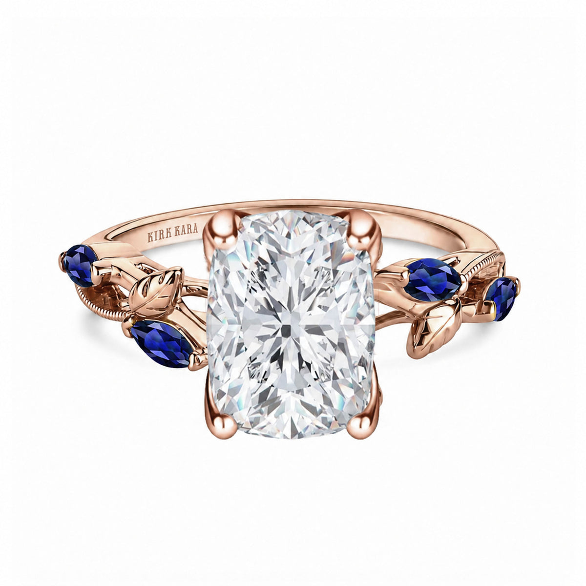 View of blue sapphire floral cathedral engagement ring.