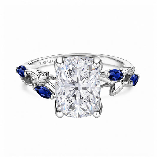 View of blue sapphire floral cathedral engagement ring.