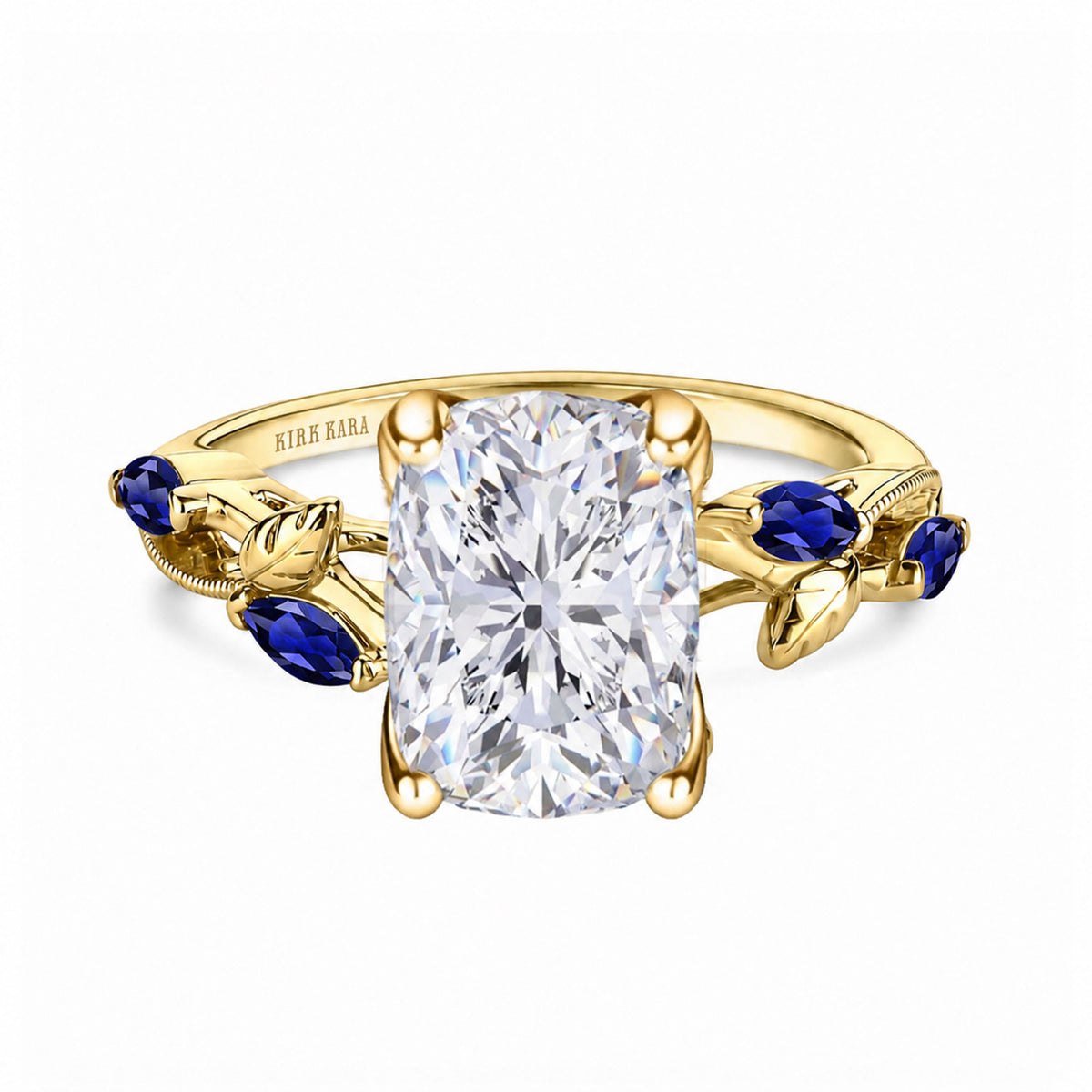 View of blue sapphire floral cathedral engagement ring.
