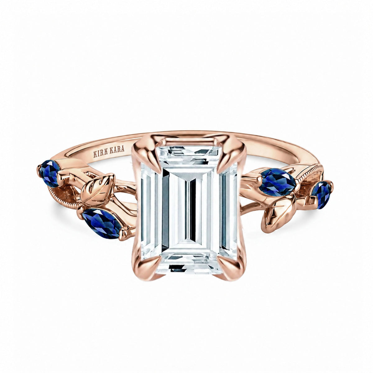 View of blue sapphire floral cathedral engagement ring.