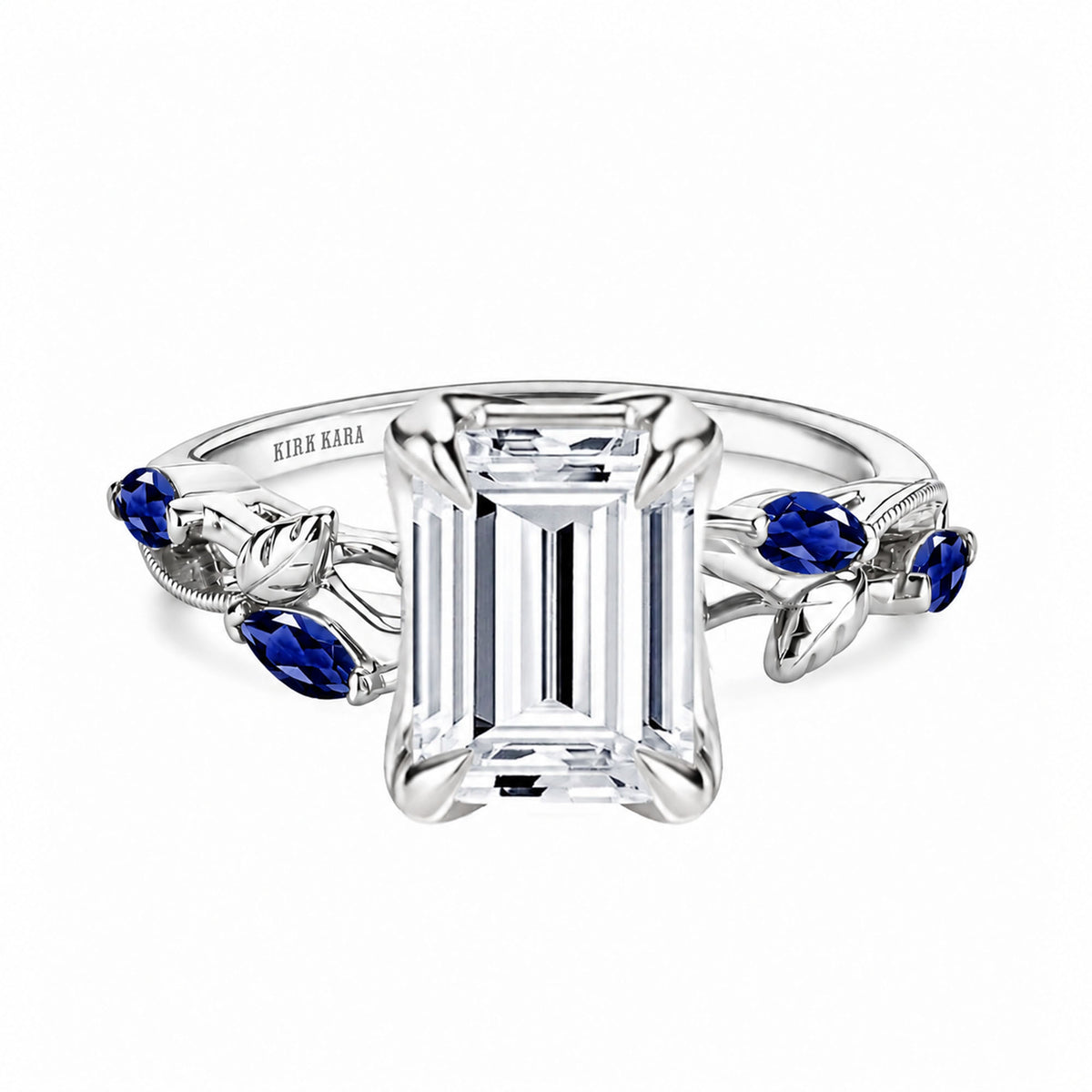 View of blue sapphire floral cathedral engagement ring.