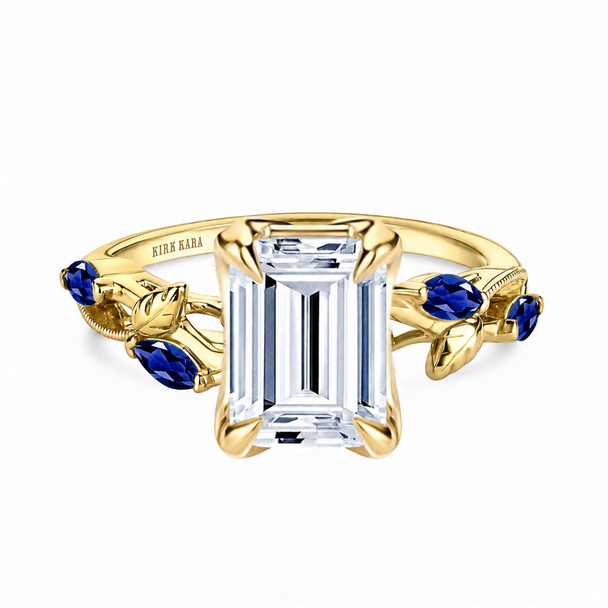 View of blue sapphire floral cathedral engagement ring.