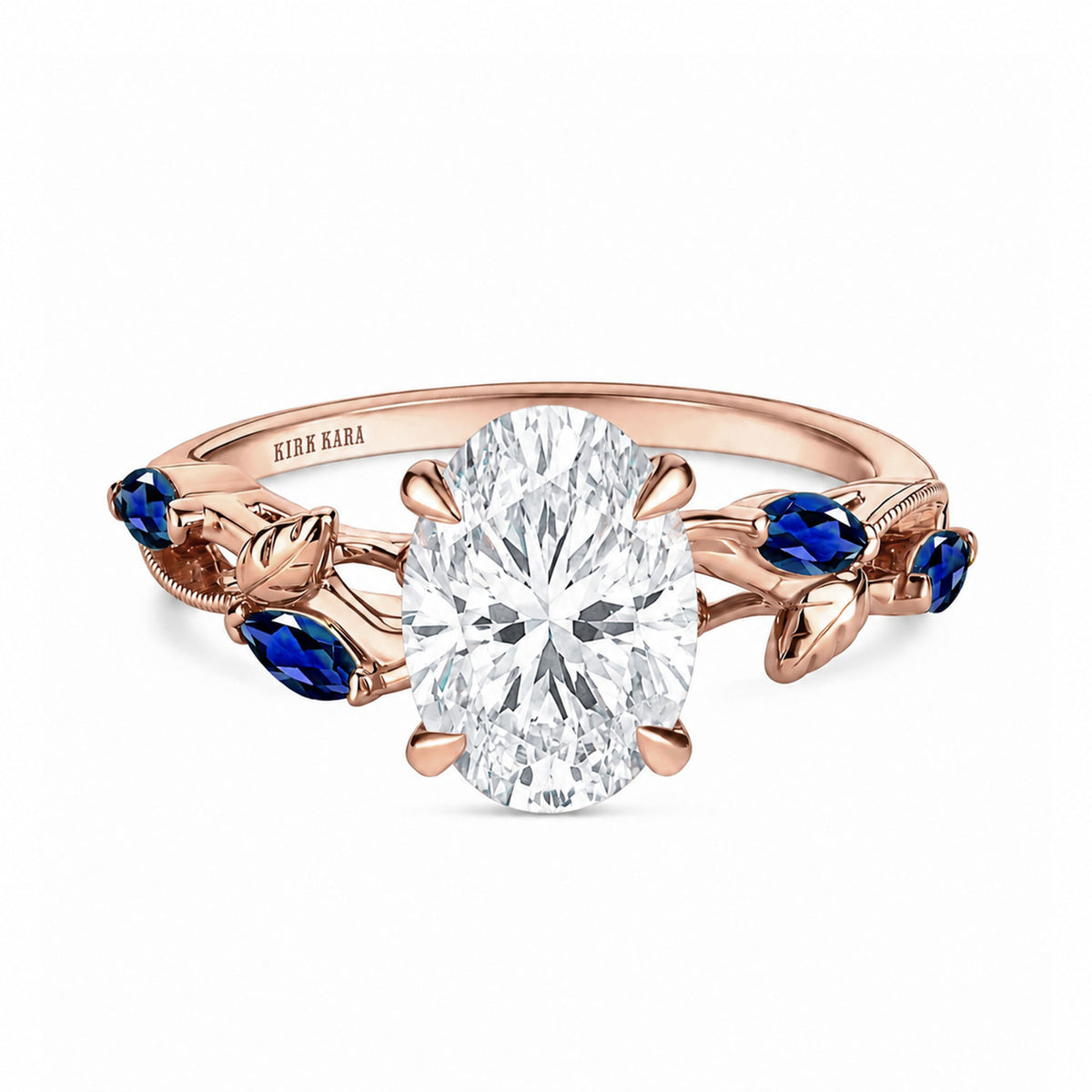 View of blue sapphire floral cathedral engagement ring.