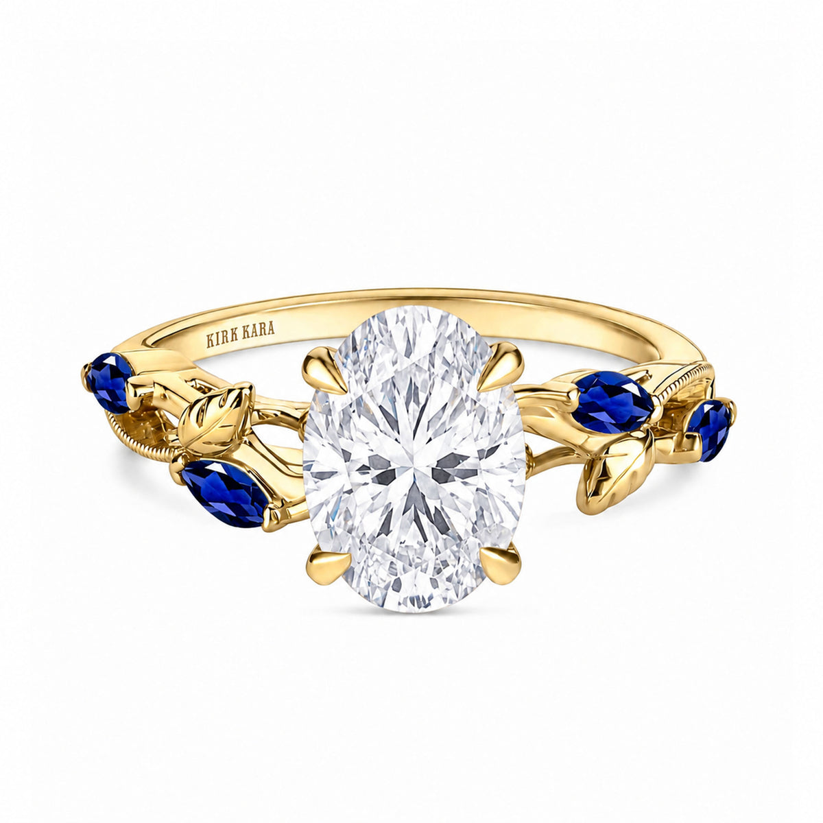 View of blue sapphire floral cathedral engagement ring.