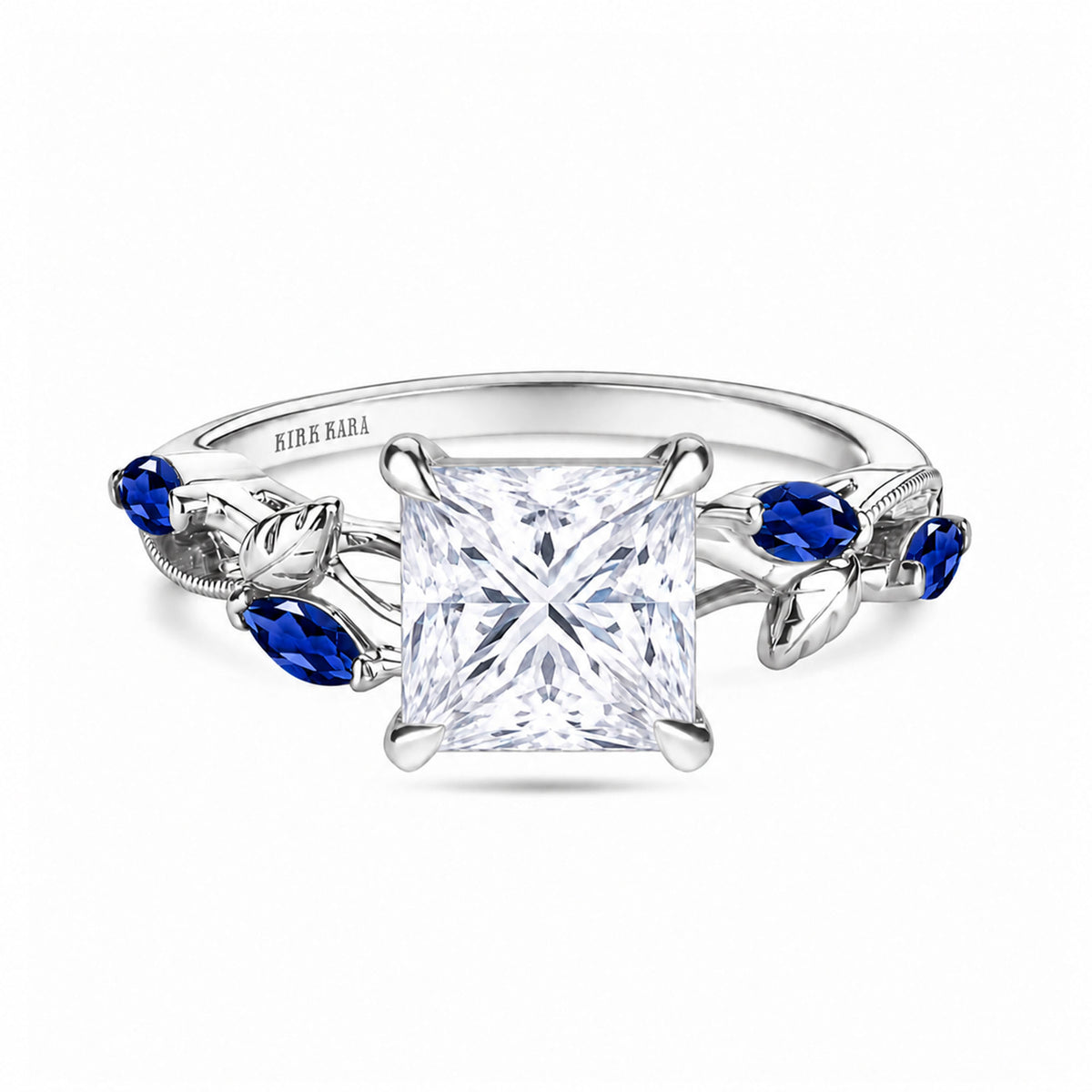 View of blue sapphire floral cathedral engagement ring.