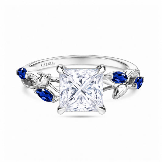 View of blue sapphire floral cathedral engagement ring.