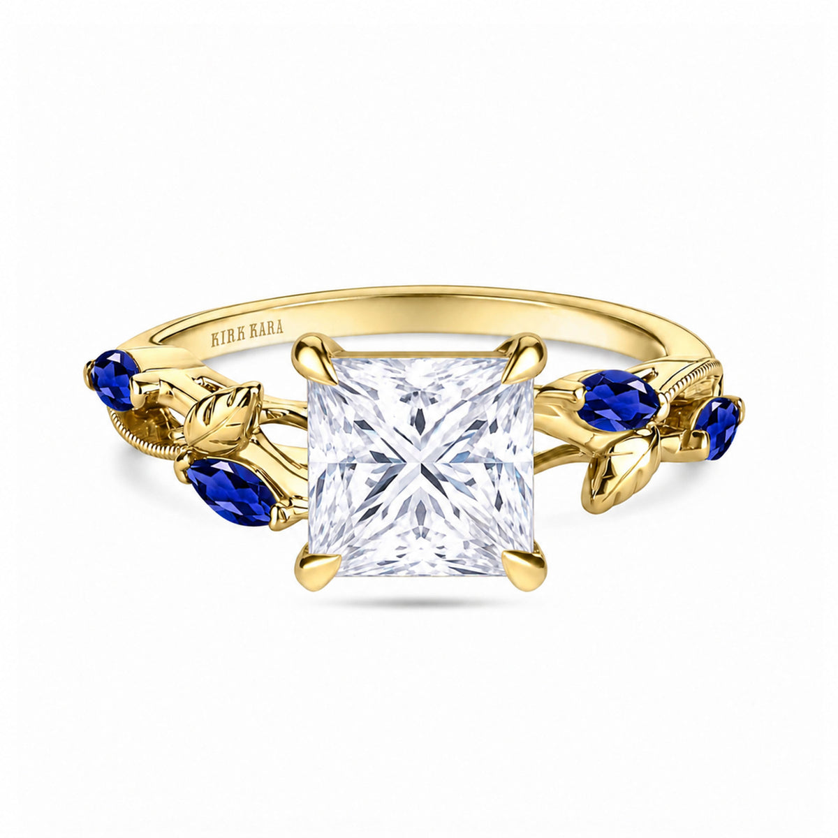 View of blue sapphire floral cathedral engagement ring.