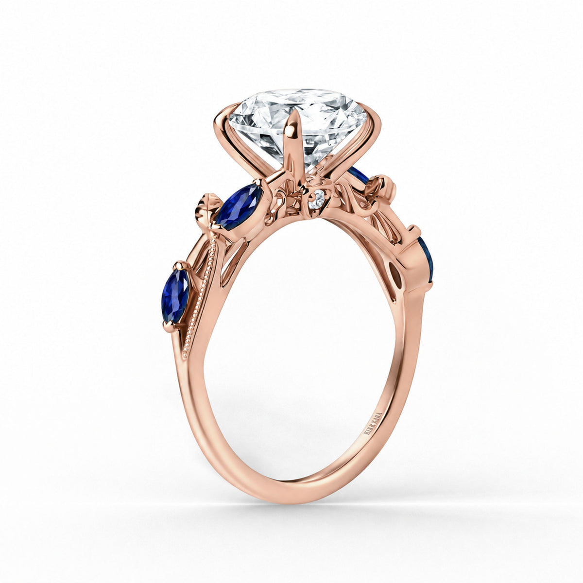 Angled view of blue sapphire floral cathedral engagement ring.