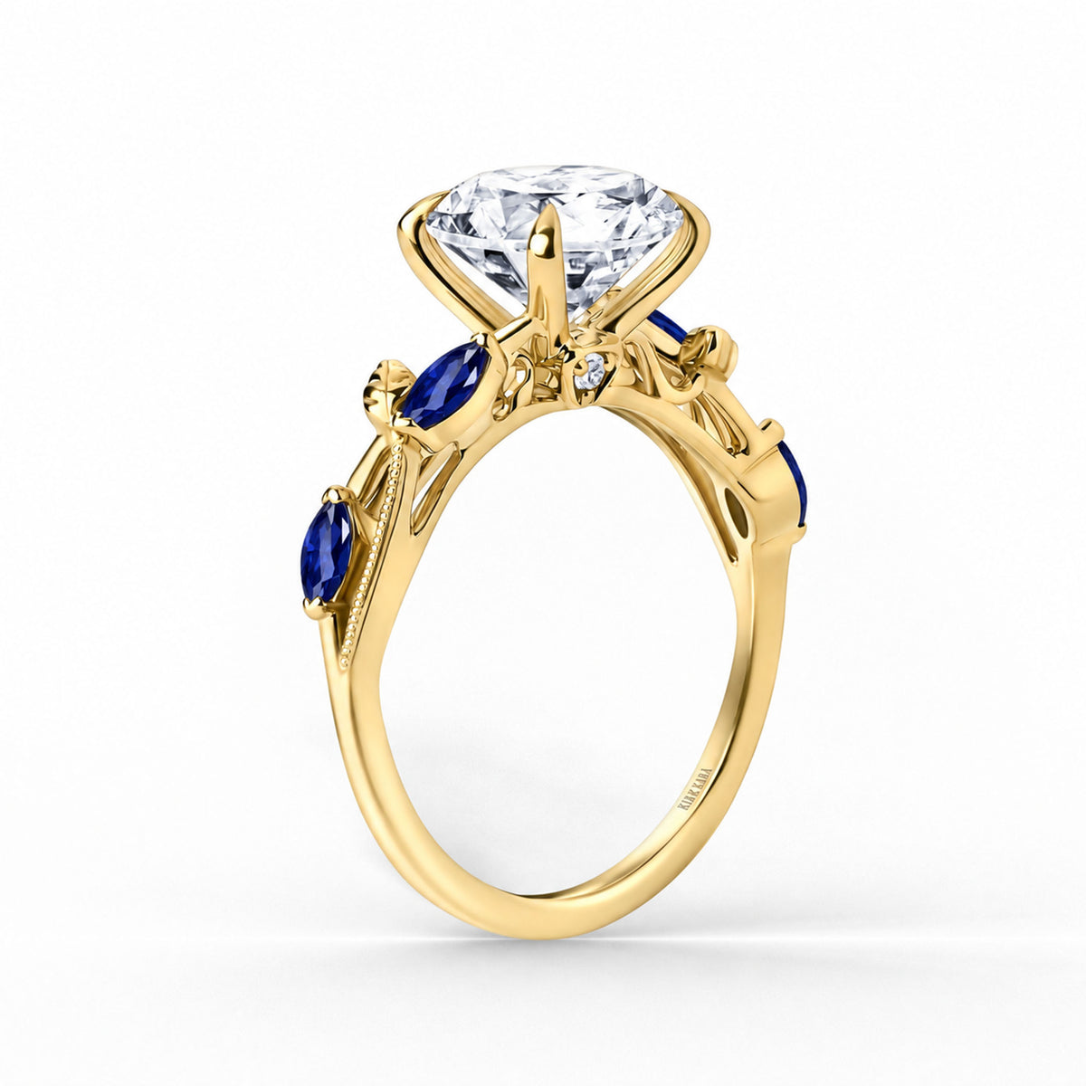 Angled view of blue sapphire floral cathedral engagement ring.