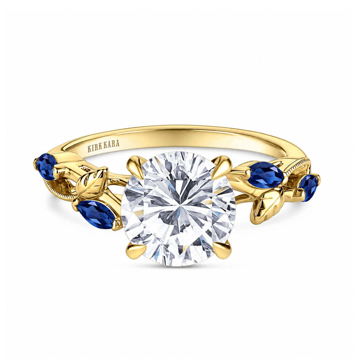 Front view of blue sapphire floral cathedral engagement ring.