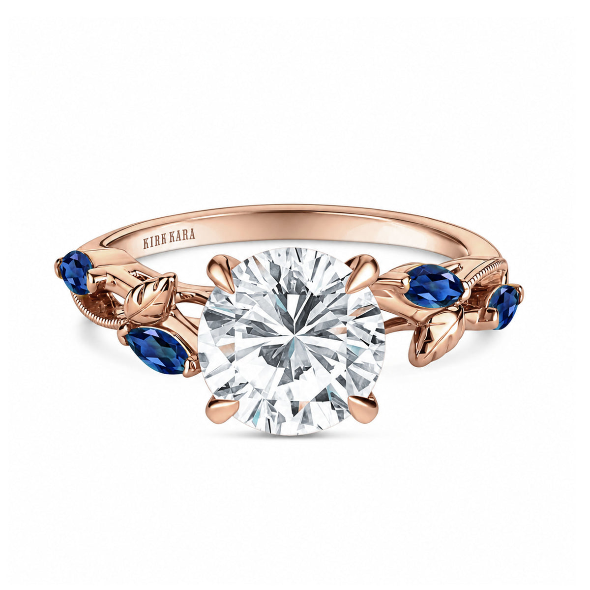Front view of blue sapphire floral cathedral engagement ring.
