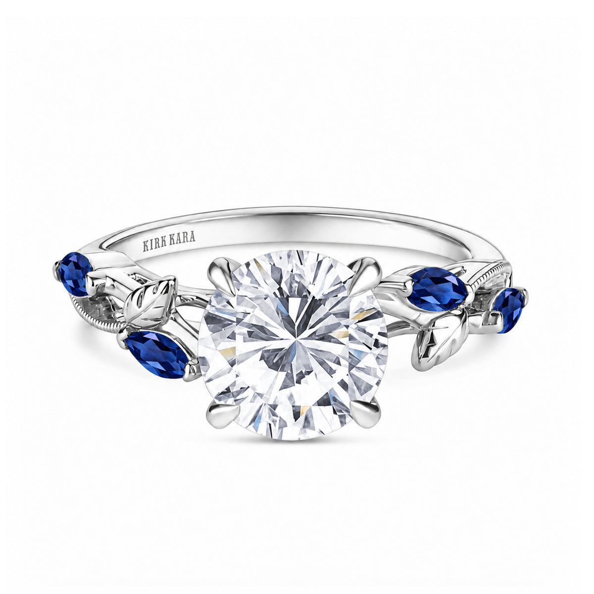 Front view of blue sapphire floral cathedral engagement ring.