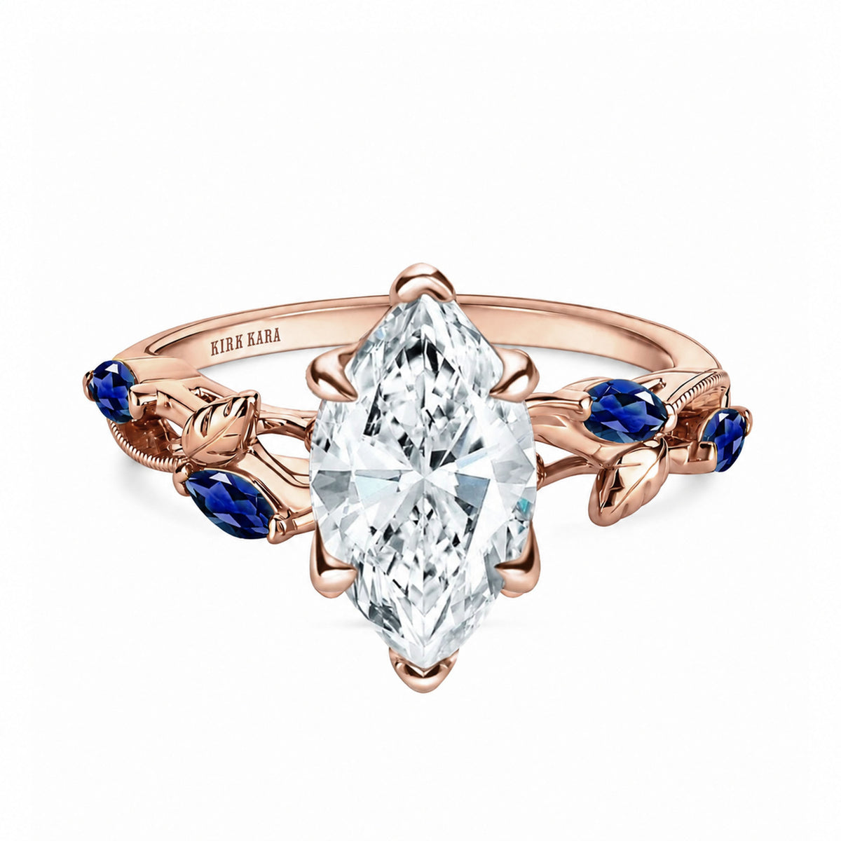 View of blue sapphire floral cathedral engagement ring.