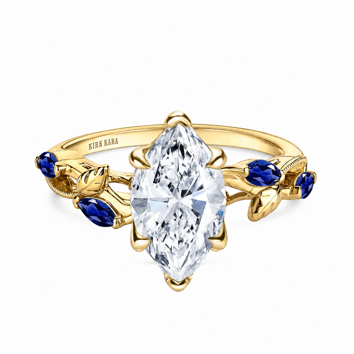 View of blue sapphire floral cathedral engagement ring.