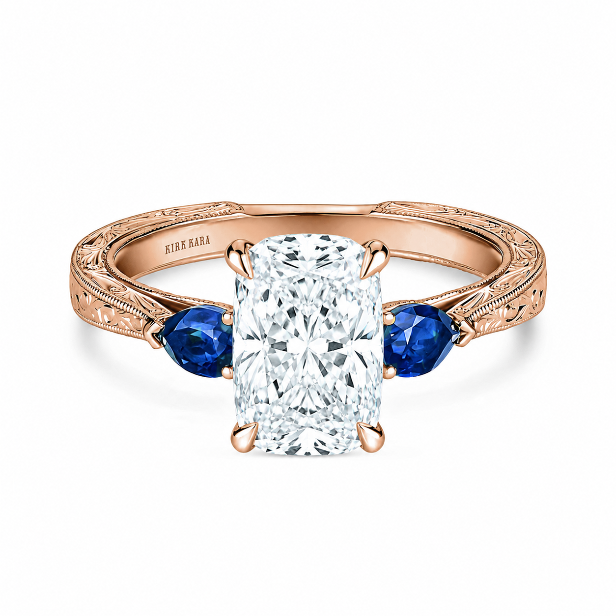 Three Stone Blue Sapphire Pear Engraved Engagement Ring